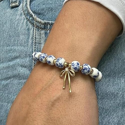 3PCS Bow Beaded Jewelry Set for Women Vintage Handmade Flower Blue And White Porcelain Enamel Ribbon Necklace Bracelet and Earrings Bow Christmas Birthday Holiday Charm Romantic Jewelry Gifts - style: Style C