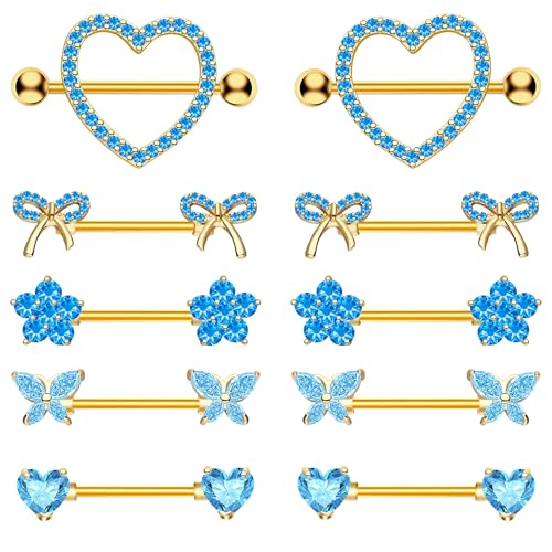 BSJ4U Nipple Piercing Jewelry 14G Stainless Steel Nipple Rings for Women Heart Butterfly Flower Bow Nipple Barbells - color: Gold Blue CZ Nipple Piercing Jewelry