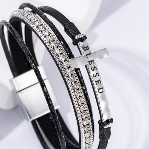 Boho Leather Wrap Bracelets Beaded Stackable Cuff Bracelet Country Concert Outfits Cowboy Cowgirl Western Jewelry Gifts for Women - color: Cross-Black