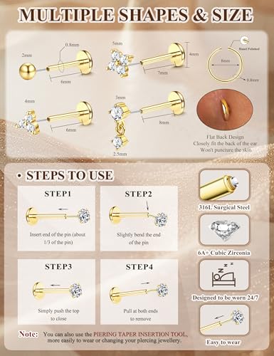 LOLIAS 18K Gold Plated Threadless Flat Back Earrings Studs Hypoallergenic | 316L Surgical Steel Push in Nose Rings Studs 20G CZ Tragus Cartilage Helix Conch Lip Labret Medusa Nostril Piercing Jewelry - color: 18K Gold Plated, size: 20G(0.8mm)-Flower&Ball&