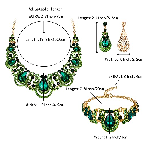 BriLove Women's Teardrop Crystal Statement Necklace Cluster Hollow Dangle Earrings Chain Bracelet Bib Jewellery Set for Wedding Bride Bridesmaid - color: Emerald Color Gold-Tone