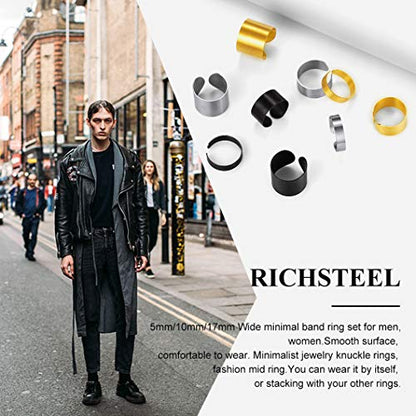 Stainless Steel Open Band Ring for Men Women 18K Gold/Black Plated Brush/Smooth Surface Rings Set Minimalist Jewelry(with Gift Box) - color: 03-Black 17mm Brush Surface