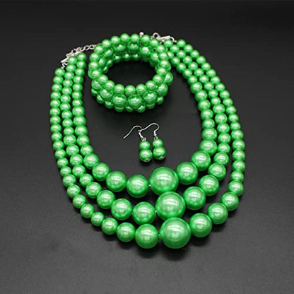 Big Chunky Pearl Necklace and Earrings Set Large Costume 1920s Faux Pearls Gatsby Accessories - color: A-Green