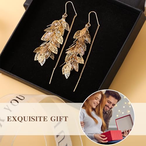 14K Gold Plated Leaf Threader Crystal Earrings for Women, Long Tassel Elegant Dangle Drop Earrings for Weddings, Galas, and Formal Events, Hypoallergenic Lightweight Jewelry Idea Gift - color: Gold