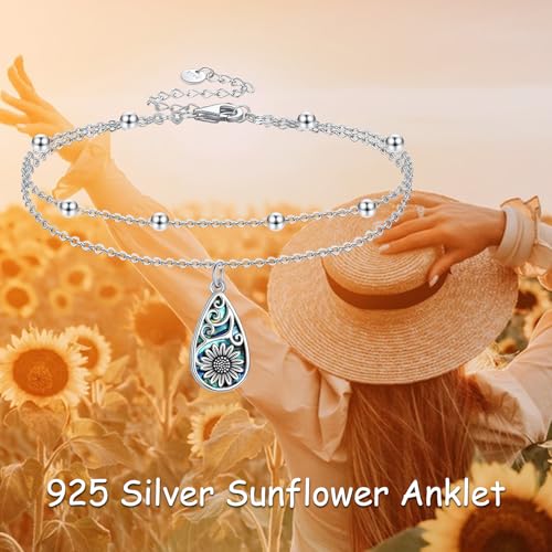 POPLYKE 925 Sterling Silver Double Layered Chain Evil Eye Daisy Sunflower Butterfly Anklets for Women Holiday Beach Crystal Ankle Bracelet Dainty Evil Eye Jewelry - style: Abalone Sunflower Anklet