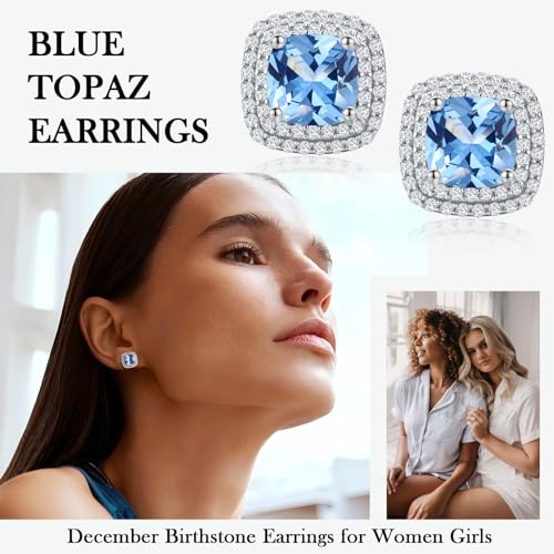 Dainty Birthstone Earrings for Women Sterling Silver Small Stud Earrings with Halo Cushion/Round Created Gemstone Earrings Birthstone Jewelry - style: A 12. Dec./created blue topaz-cushion cut