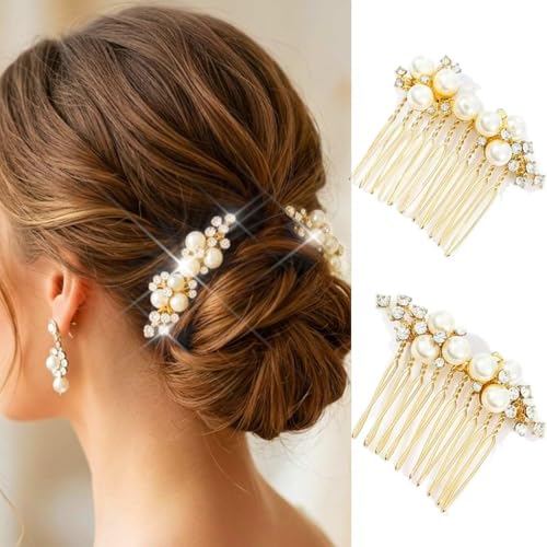 Brishow Bridal Pearl Hair Combs Gold Wedding Hair Accessories Fancy 2 Piece Hair Combs for Bridesmaid Women and Girls - color: Gold