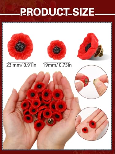 JUNEBRUSHS 28 Pcs Memorial Day Poppy Flower Pins Resin Red Poppy Brooch Lapel Pin Lest We Forget Poppy Pins for Remembrance Veterans Day Wedding Home Garden Decoration (2 Size) - style: Poppy Flower Style