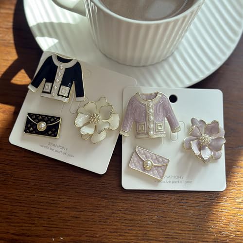 Elegant Flower Imitation Pearl Brooch Pin Set Retro Enamel Coat Bag and Camellia Lapel Collar Brooches Pins Fashion Birthday Business Jewelry for Women Dress Suit Sweater Shirt Badge Accessory 3Pcs - color: Black
