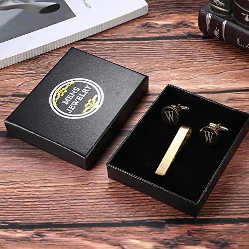 LOYALLOOK Black Initial Cufflinks and Tie Clip Set for Men Personalized Copper Cuff links and Tie Bar Letter Alphabet A-Z Gift for Father Husband Valentine Gifts for Men - color: W