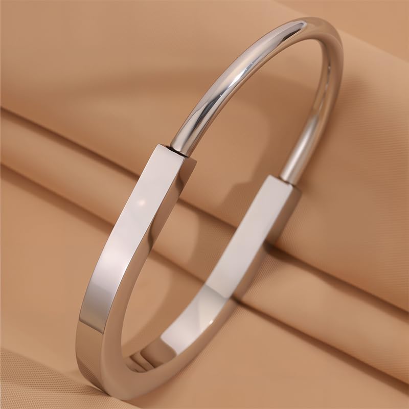 Silver Lock Bracelet for Women, Stainless Steel Open Cuff Bangle, Sleek Minimalist Hardware Jewelry