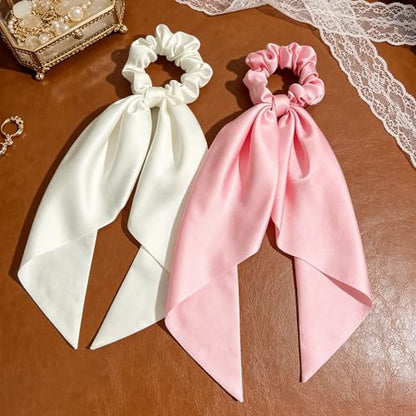 4PCS Hair Scarf Scruncheis for Women Knotted Bow Hair Ties Elastic Bands Satin Hair Ribbon Scrunchy Red Ponytail Holder for Women and Girls (Red/Pink/White Set) - color: Red/Pink/White Set