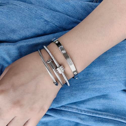 Women's Stainless Steel Bracelet Gold Plated Cuff Bangle With Cube Zircon Hinge Jewelry oval Bangle Witness the Gift of Love - color: 6mm Silver 3pcs-A