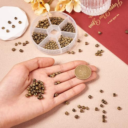 Craftdady 360Pcs Antique Bronze 6 Styles Spacer Beads Tibetan Metal Tiny Column Barrel Round Drum Cube Loose Beads for Jewelry Making Hole: 1-2.5mm - color: 6 Styles, 360Pcs, Antique Bronze
