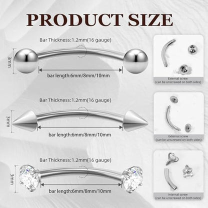 9PCS Gold Eyebrow Piercing Jewelry Titanium, Rook Jewelry Gold Surgical Steel Silver Eyebrow Rings for Women Men CZ Tiny Labret Lip Daith Navel Belly Button Helix Tragus Piercing Jewelry 16G 6mm/8mm/10mm - style: Silver