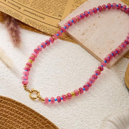 BELLA-Bee Natural Stone Beaded Choker, Multi Color Boho Jewelry Gift | Small bead natural stone choker with stainless steel ring clasp — multicolor stone, handmade healing jewelry for vacation - color: Red