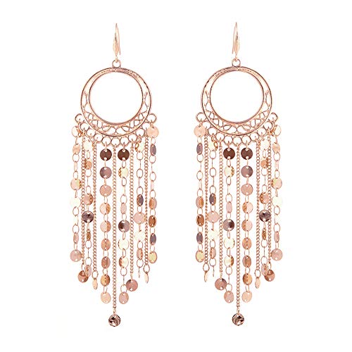 Bohemian Boho Tassel Dangle Drop Earrings for Women – Lightweight Filigree Gypsy Coin Chandelier Disc Charm Hoops – included Gift Box - style: Round - Rose Gold
