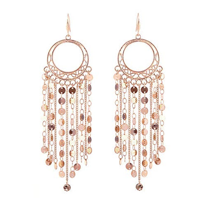 Bohemian Boho Tassel Dangle Drop Earrings for Women – Lightweight Filigree Gypsy Coin Chandelier Disc Charm Hoops – included Gift Box - style: Round - Rose Gold