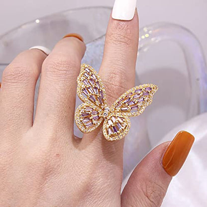 Butterfly Rings for Women Adjustable Golden Cocktail Ring Sparkly Stones Statement Silver Bow Open Wrap Bow Jewelry Bridesmaids Wedding Valentine’s Day Gift Lover Mother - color: JZ03-Gold Purple
