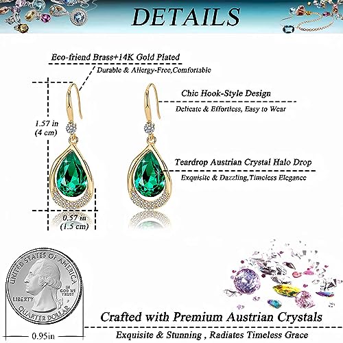 Austrian Crystal Halo Teardrop Hollow Drop Dangle Earrings for Women 14K Rose Gold Plated Hypoallergenic Jewelry Gifts - color: Emerald