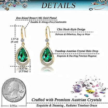 Austrian Crystal Halo Teardrop Hollow Drop Dangle Earrings for Women 14K Rose Gold Plated Hypoallergenic Jewelry Gifts - color: Emerald