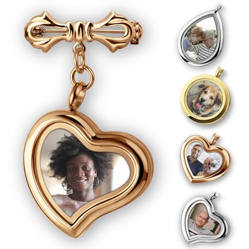 Personalized Photo Wedding Bouquet Charm, Double Sided Round Glass Photo Locket Pendant Pin Brooch, Handmade Memorial Picture Frame Bridal Shower Gift For Bride & Groom - color: Tilted Heart - Rose Gold