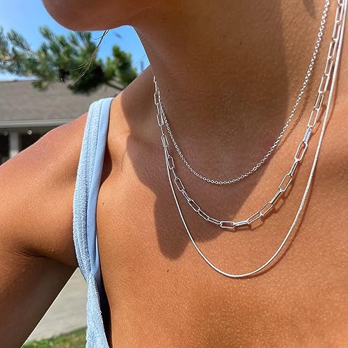Freekiss Layered Necklace Set for Women Stackable | Herringbone Snake Cuban Rope Chain, Dainty Choker, Layered Stackable, Non Tarnish, Hypoallergenic, Adjustable 14-18.5" - color: Silver, style: Paperclip+O Chain+Box Chain