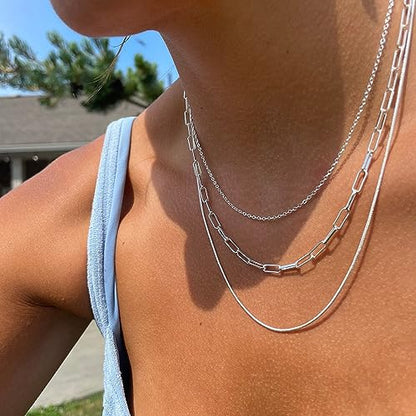 Freekiss Layered Necklace Set for Women Stackable | Herringbone Snake Cuban Rope Chain, Dainty Choker, Layered Stackable, Non Tarnish, Hypoallergenic, Adjustable 14-18.5" - color: Silver, style: Paperclip+O Chain+Box Chain