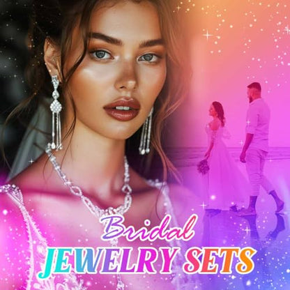 Bride Silver Bridal Necklace Earrings Set Crystal Wedding Jewelry Set Rhinestone Choker Necklace for Women and Brides - color: E Rose Gold