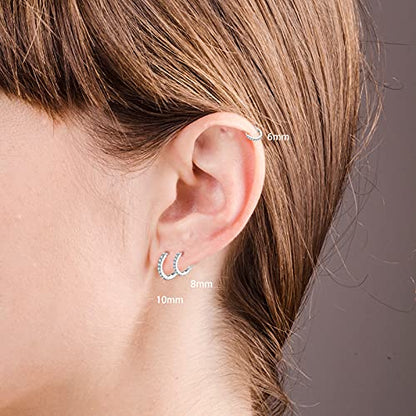 3 Pairs 925 Sterling Silver Small Hoop Earrings for Women Men | Cubic Zirconia, 14K White Gold Plated Huggie Hoop Earrings, Hypoallergenic - style: D-silver 6/8/10mm