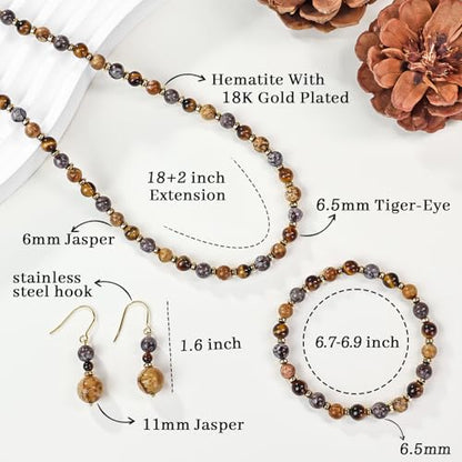 Beaded Necklaces for Women 3Pcs Colorful Boho Gemstone Bead Choker Summer Natural Stone Surfer Beach Bead Necklace Bracelets Earring Set Handmade Jewelry for Women Gift Jewelry Sets - color: Tiger eyes