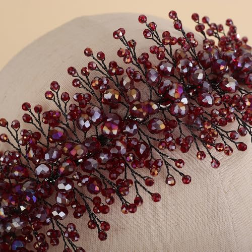 Rhinestones Beads Hair Crown for Wedding Brides Women Tiara Jewelry Handmade Sparkle Hair Piece - color: Black Red