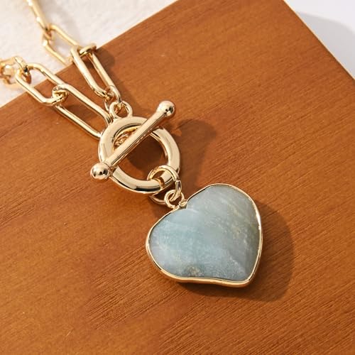 14K Gold Plated Two Sides Carved Stone Heart Shape Necklace for Women Love Pendant Necklace Jewelry for Daily and Gifts - color: Amazonite