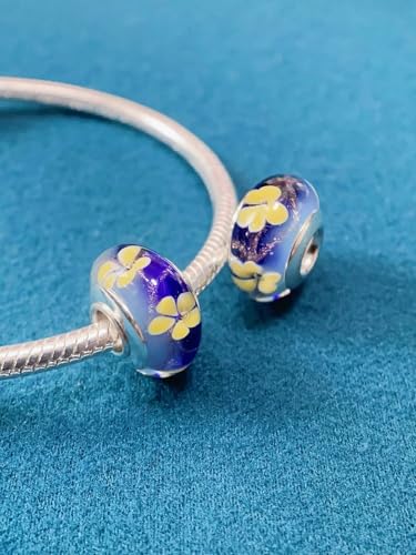 2pcs Authentic 925 Silver Murano Glass Flower Charms for Pandora Bracelets - color: 05-Blue & Yellow flowers