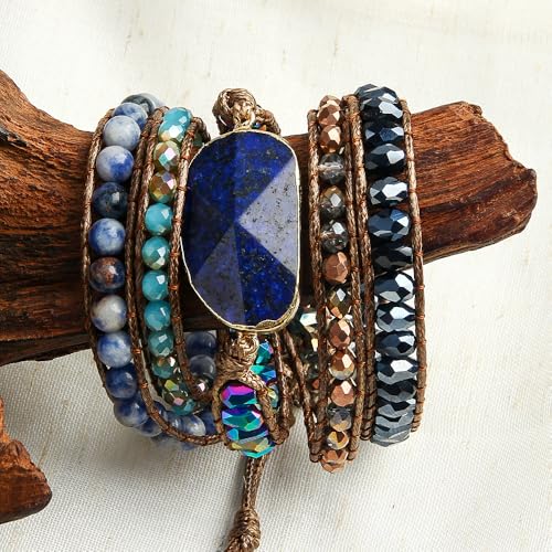 Women Wrap Bracelets Boho Natural Stone Jasper Turquoises Strand Bracelet Jewelry Collection - color: Lazuli #2
