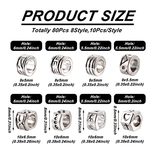 Craftdady 80Pcs Tibetan Alloy Rondelle Column Beads 8 Styles Large Hole Retreo Metal Flat Round European Beads for Jewelry Crafts Making, Hole: 5-6mm - color: Antique Silver, Rondelle Column