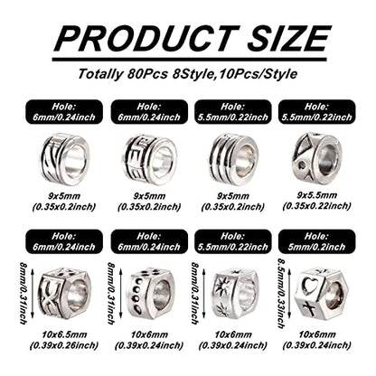 Craftdady 80Pcs Tibetan Alloy Rondelle Column Beads 8 Styles Large Hole Retreo Metal Flat Round European Beads for Jewelry Crafts Making, Hole: 5-6mm - color: Antique Silver, Rondelle Column