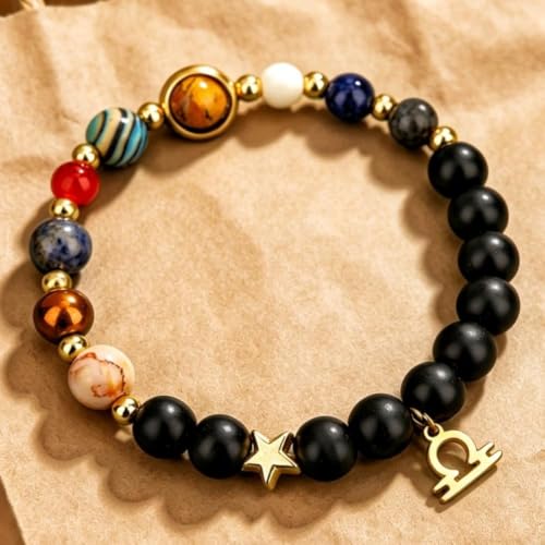 Solar System Planet Bead Zodiac Sign Stretch Bracelet for Men Women | Matte black beads with solar system planet stones, unisex design, perfect birthday holiday gift for men women - color: libra