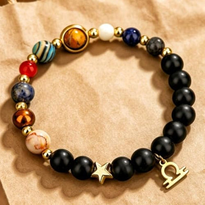 Solar System Planet Bead Zodiac Sign Stretch Bracelet for Men Women | Matte black beads with solar system planet stones, unisex design, perfect birthday holiday gift for men women - color: libra