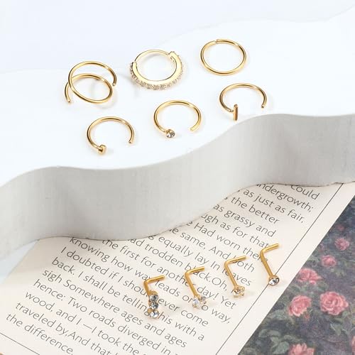 Besteel 10PCS 14K Gold Filled Nose Ring Studs - 6PCS Toe Rings for Women Non Tarnish Hypoallergenic Trendy Summer Beach Jewelry for Women