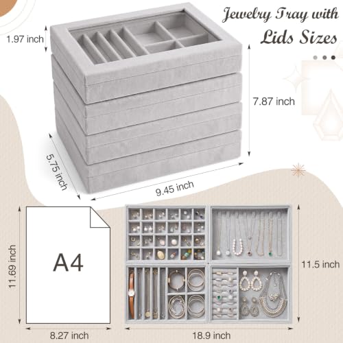 SiliFine Set of 4 Large Stackable Velvet Jewelry Trays with 4 Lids,Gray - color: Gray