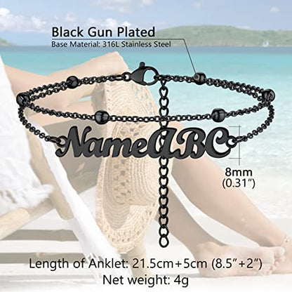 PROSTEEL Trendy Handcuffs Design/Customize Words Ankle Bracelet For Women, 316L Stainless Steel Anklets Silver/Gold/Black Tone, Hypoallergenic, Come with Box - style: 06 Customize-Bead Chain(8.5"-10.5")-Cool Black