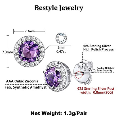 Bestyle Sparkling 925 Sterling Silver Birthstone Stud Earrings for Women, Heart/Round/Teardrop/Square Solitaire Diamond Studs Earrings, Great Birthday/Christmas Gifts - style: 02. Purple Amethyst-Feb.-round