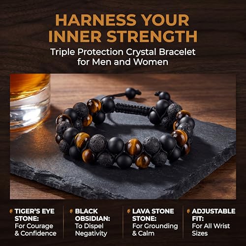 Triple Protection Bracelet & Healing Crystals Tiger Eye Beads Bracelet for Men Women, Natural Stone Bracelets for Men - style: Tigers Eye Black Obsidian Lava Style - A