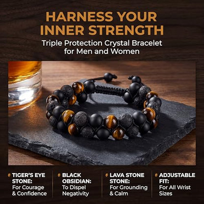 Triple Protection Bracelet & Healing Crystals Tiger Eye Beads Bracelet for Men Women, Natural Stone Bracelets for Men - style: Tigers Eye Black Obsidian Lava Style - A