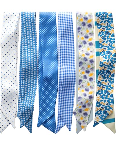 ZXZH 6 Pack Fashion Scarves for Women, Versatile Boho Head Scarf | Satin Scarf for Hair, Neck, Wrist, and Purse Accessories - color: Blue Preppy Print
