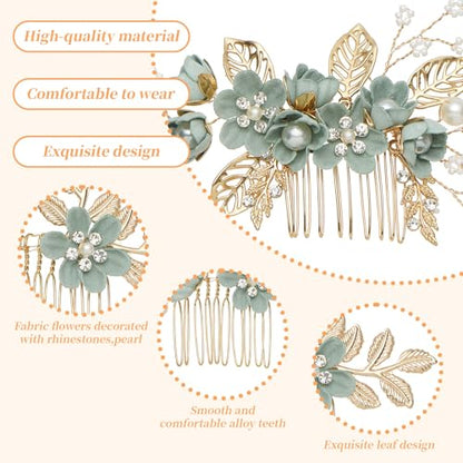6 Pcs Bridal Hair Accessories French Hair Side Combs and Hair Pins,Gold Wedding Jewelry Headpiece with Rhinestone for Brides Bridesmaids Women Girls(Green Flower） - color: Green
