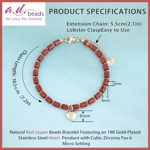 Natural Gemstone Healing Crystal Dainty Charms Bracelet Adjustable Chain Extender Minimalist Jewelry - color: Red Jasper + Heart
