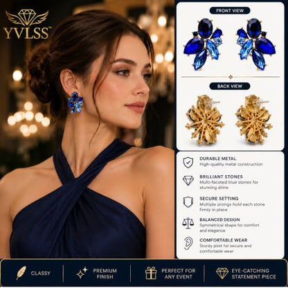 Blue Flower Crystal Earring - color: Blue