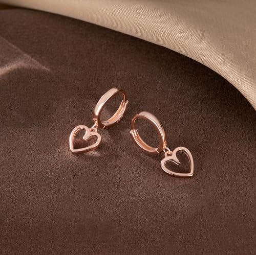 Reffeer Solid 925 Sterling Silver Heart Drop Earrings Hoop for Women Teens Heart Hoop Earrings Huggie Drop Earrings - color: C-Rose